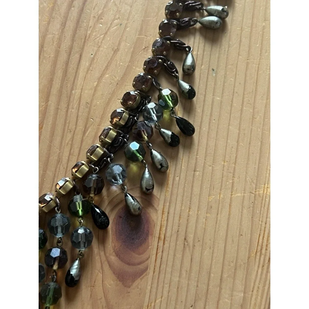 Vintage Beaded Bib Statement Necklace Green Brown Black Adjustable Fringe Boho